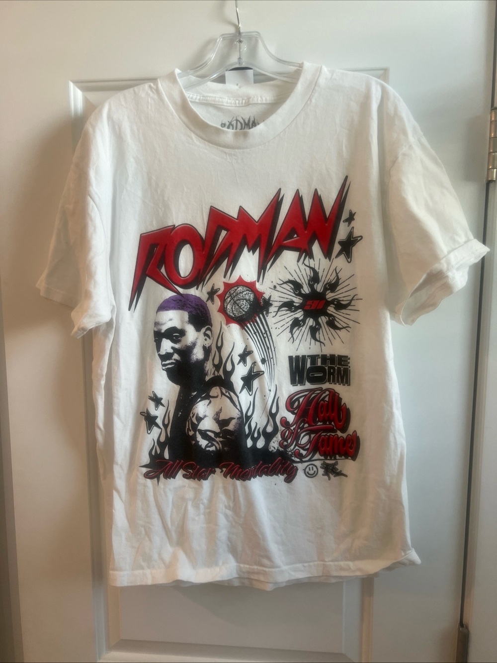 White Graphic mens Dennis Rodman Shirt with Red and Black Print the worm